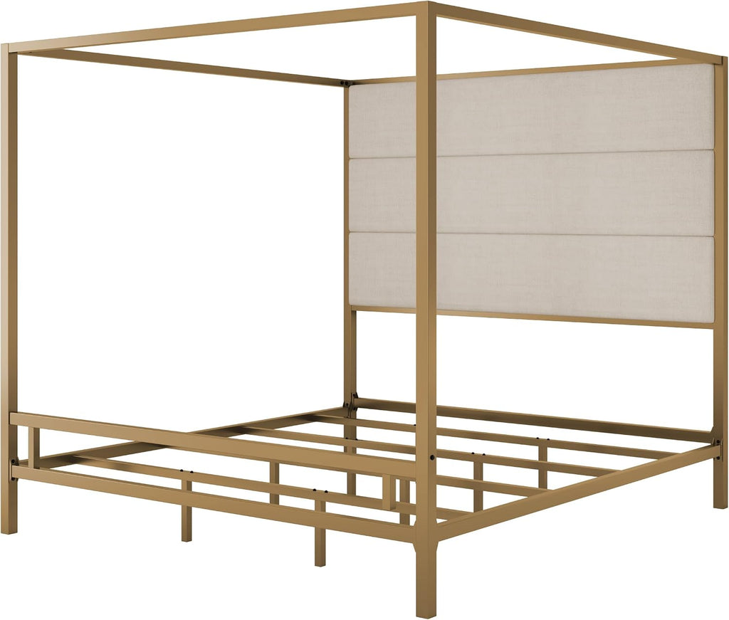 Merax King Size Gold Metal Canopy Bed Frame, Modern Upholstered Linen Headboard with Tall Back Support, 800 lbs Weight Capacity, Luxurious 4-Poster Bedroom Furniture for Modern Home, Gold+Tan