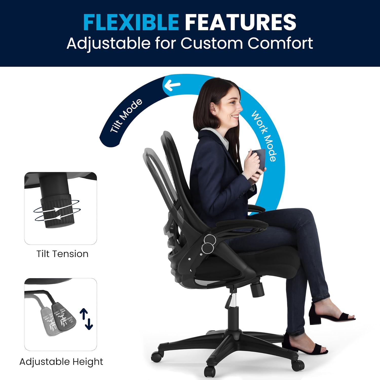 Flash Furniture Porter High Back Black Mesh Ergonomic Swivel Office Chair with Black Frame and Flip-up Arms