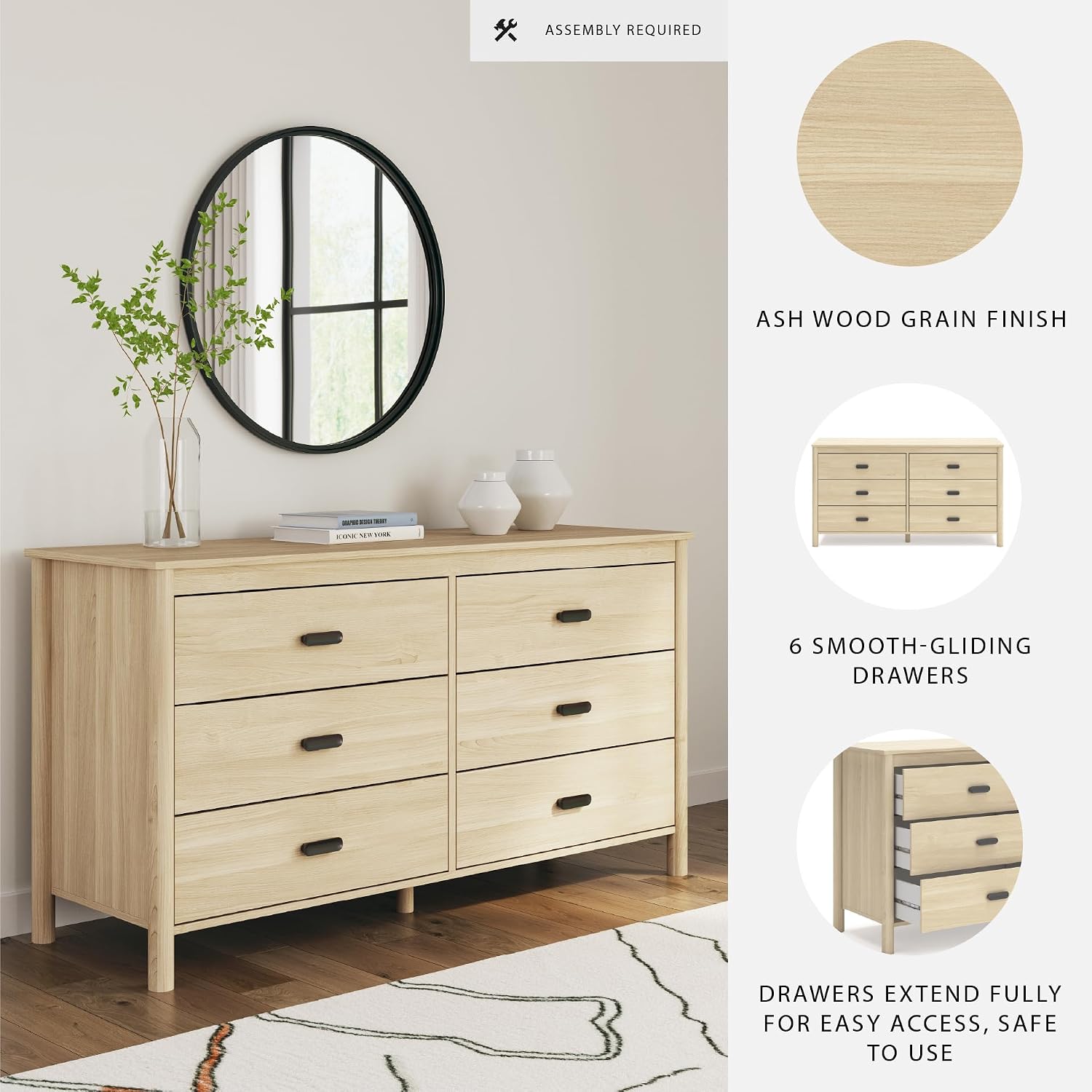 Signature Design by Ashley Cabinella Casual Dresser with 6 Smooth-Gliding Drawers, Meets ASTM International Safety Standards, Light Brown Finish, 61.57' W