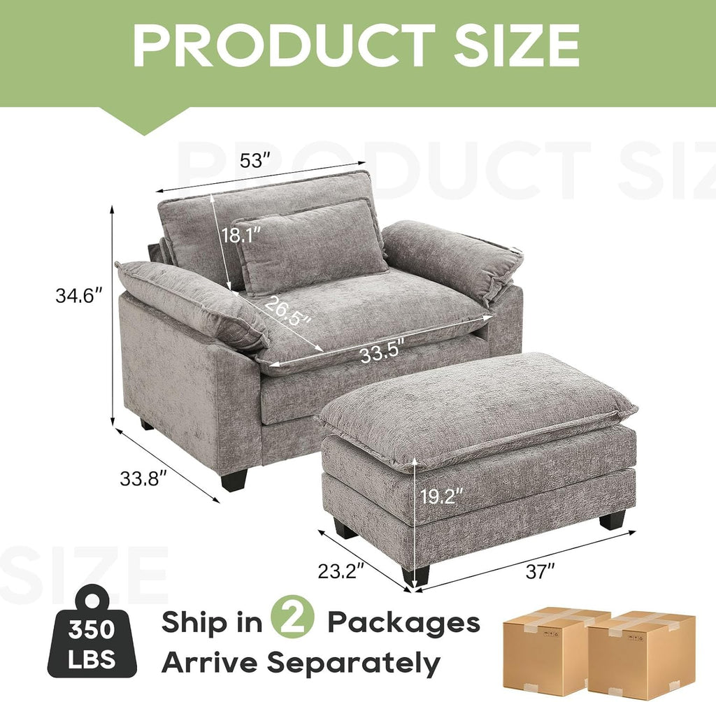 Oprisen 53' Modular Sectional Sofa, Comfy Cloud Couch Sectional Sofa with Ottoman, Chenille Sofa Sleeper Deep Seat Sofa with Throw Pillows for Living Room (Light Gray)
