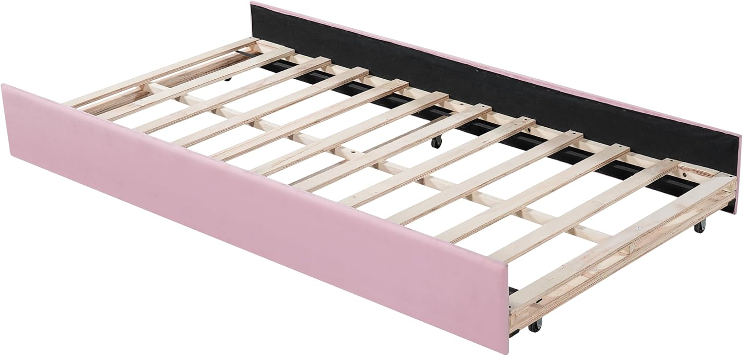 Christopher Knight Home Leonhart Velvet Upholstered Twin Size Bed Frames with Headboard/Footboard, Day Bed Frame Twin with Pull-Out Functionality, Iron Frame + Wooden Slat Trundle Bed Twin, Pink