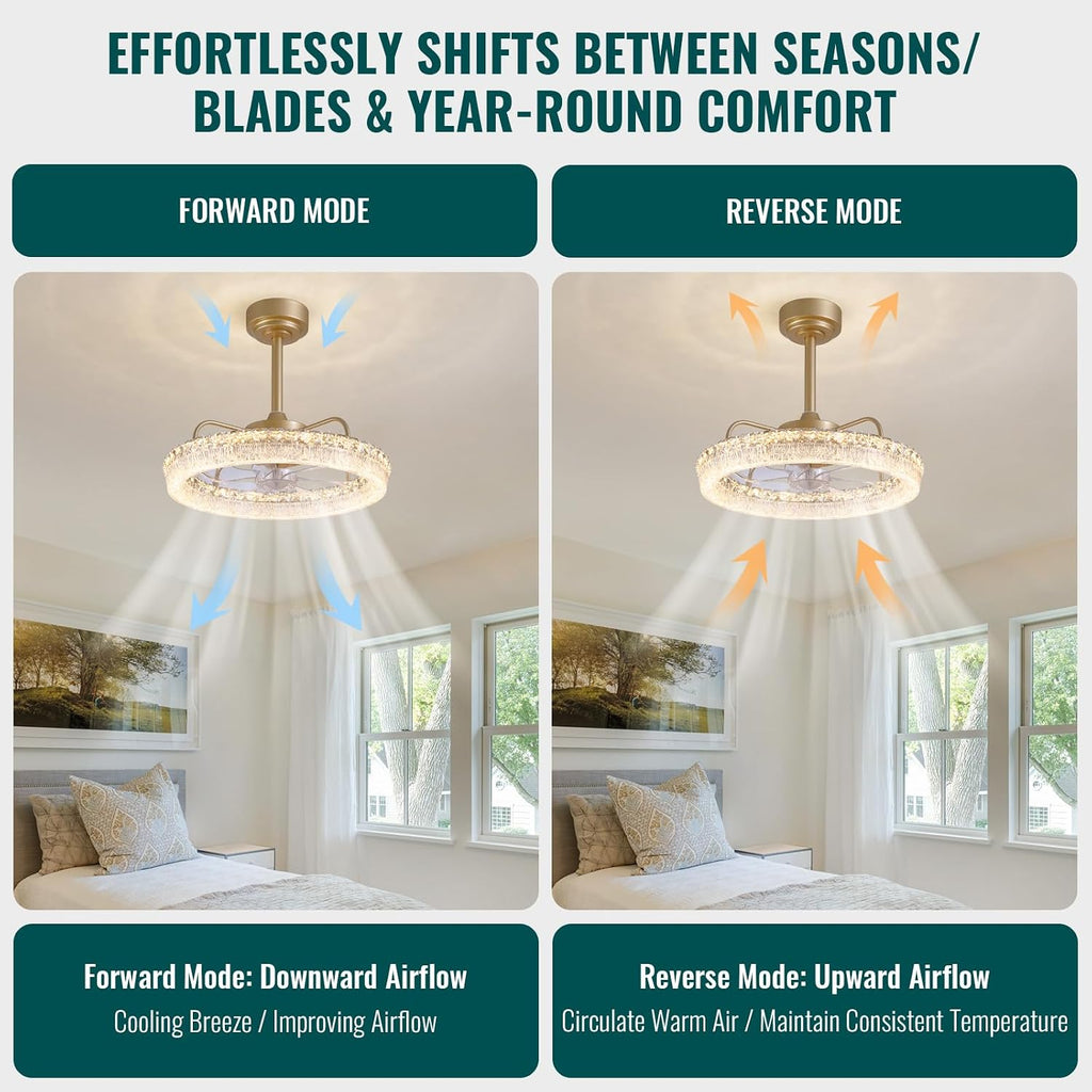 20'' Ceiling Fan with Lights and Remote, 3000-6000K Dimmable Low Profile Crystal Ceiling Fan, 6 Wind Speeds Modern Flush Mount LED Fandelier for Bedroom Living Room, Gold
