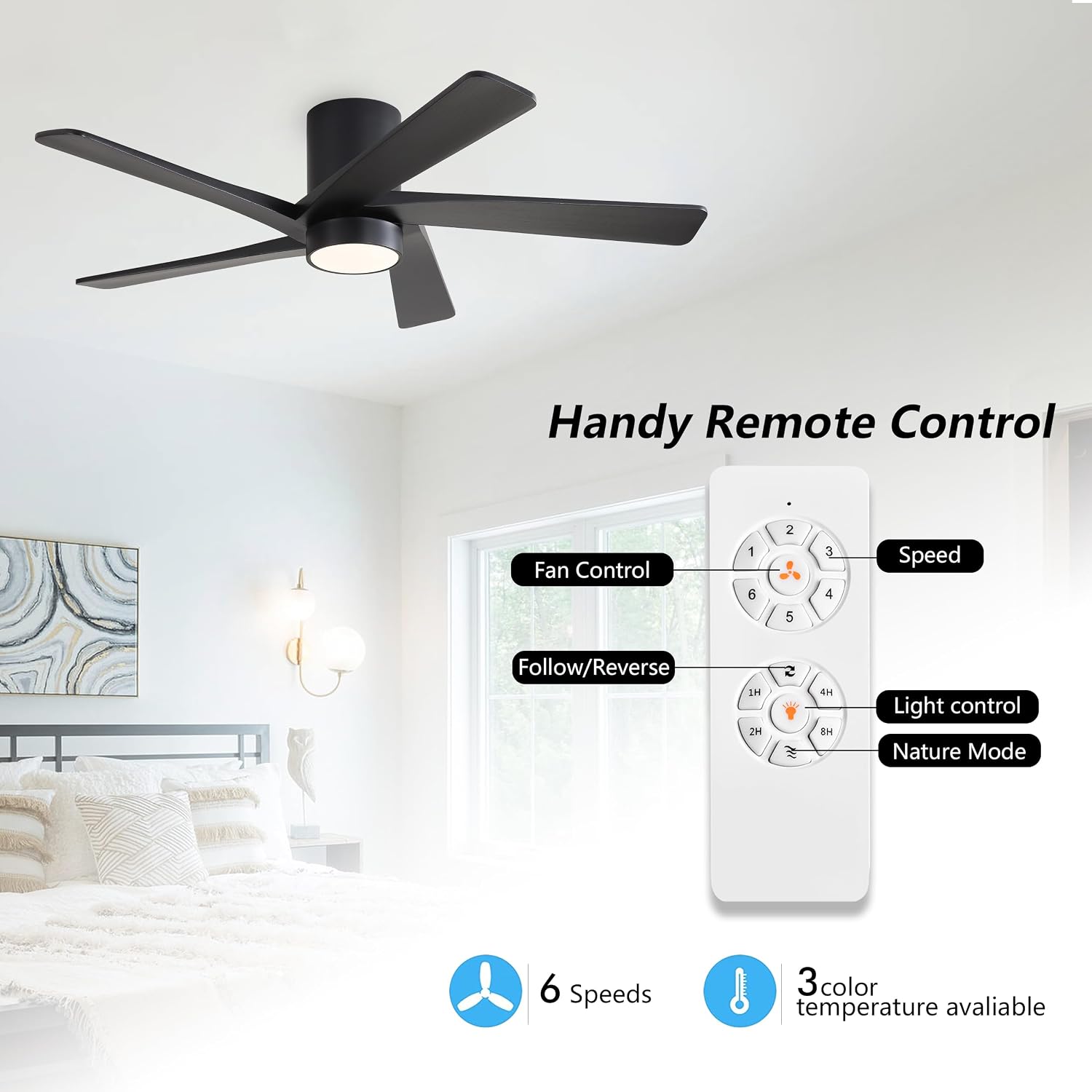 WINGBO 48 Inch Flush Mount DC Ceiling Fan with Lights and Remote, 5 Reversible Carved Wood Blades, 6-Speed Noiseless DC Motor, Hugger Ceiling Fan in Black Finish, Low Profile Ceiling Fans, ETL Listed