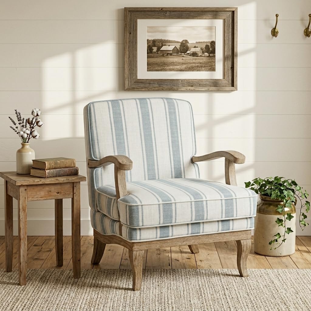 HULALA HOME Upholstered Accent Chair, Mid-Century Modern Striped Chair with Graceful Curves and Wooden Legs, Comfy Lounge Armchair Striped Accent Chairs for Living Room, Bedroom (Blue)