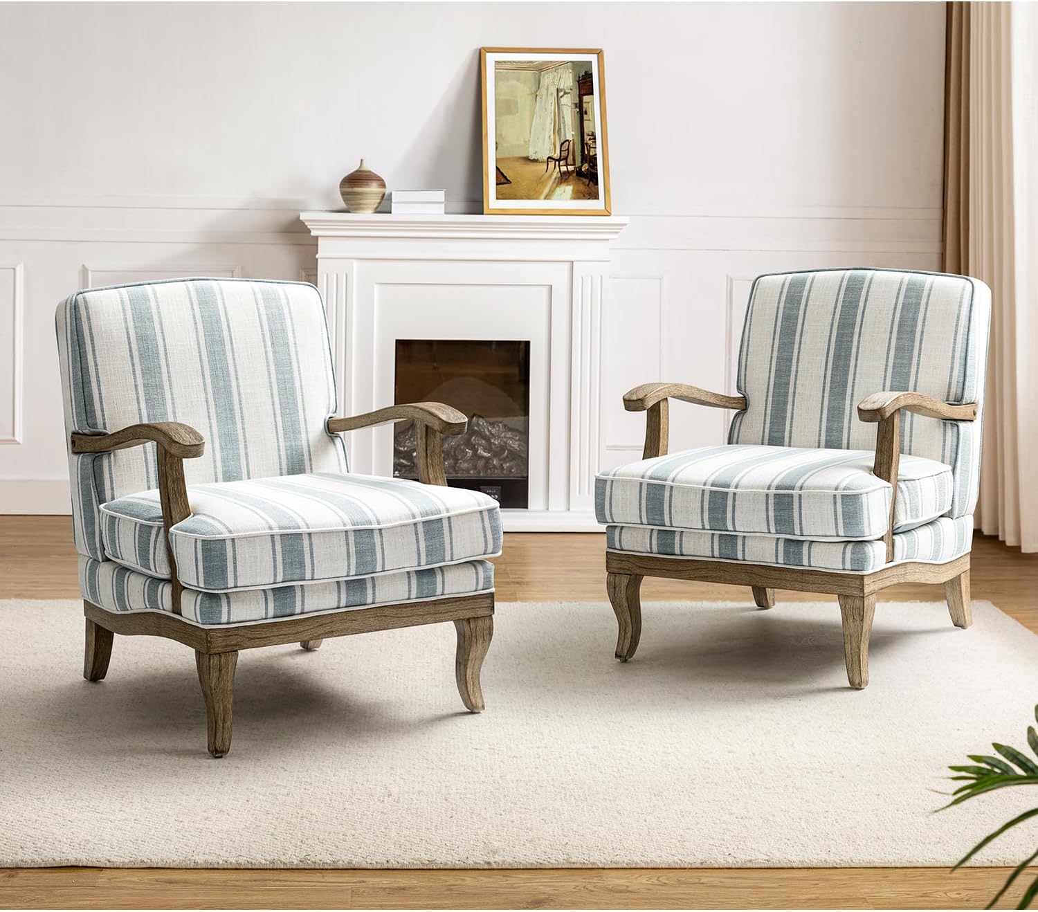 HULALA HOME Mid-Century Modern Chair Set of 2, Upholstered Accent Chair with Graceful Curves and Wooden Legs, Comfy Lounge Armchair Striped Accent Chairs for Living Room, Bedroom (Blue)