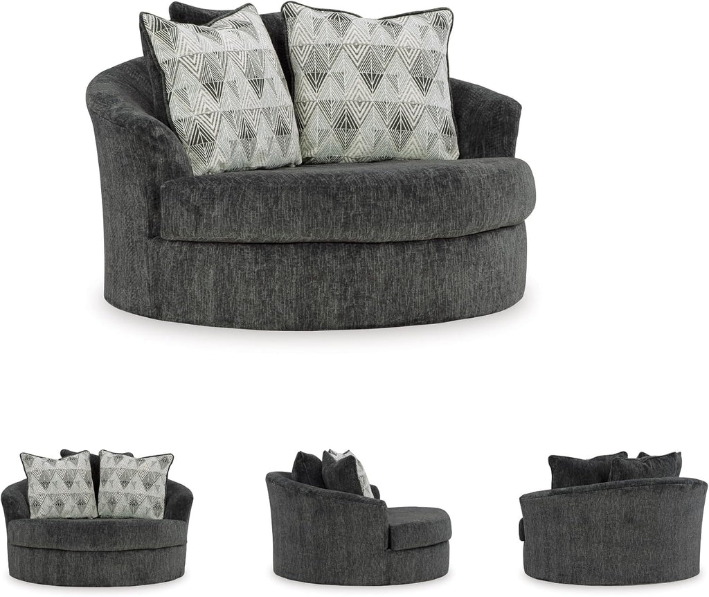 Signature Design by Ashley Biddeford Transitional Upholstered Oversized Swivel Accent Chair with 3 Accent Pillows, Black