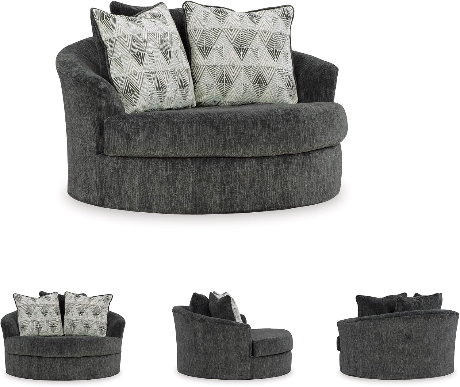 Signature Design by Ashley Biddeford Transitional Upholstered Oversized Swivel Accent Chair with 3 Accent Pillows, Black