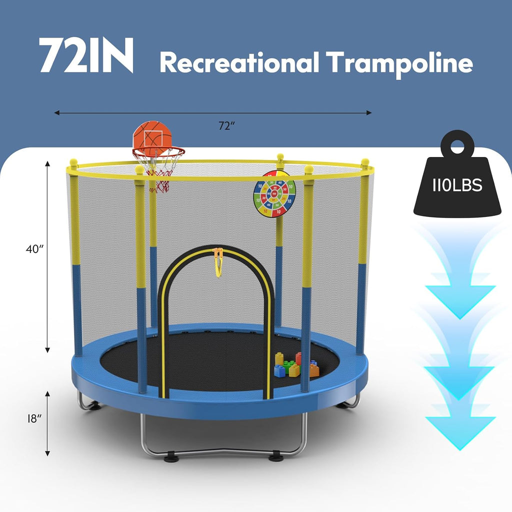 72' Trampoline for Kids with Net,6 FT Indoor & Outdoor Small Toddler Trampoline with Basketball Hoop & Dart Board for Ages 1-8, Birthday Gifts for Boys & Girls, Baby Toddler Christmas Toys