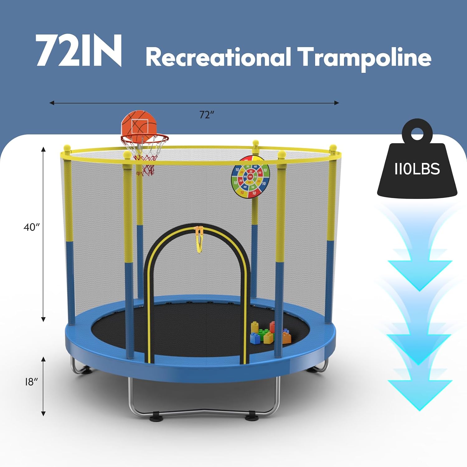 72' Trampoline for Kids with Net,6 FT Indoor & Outdoor Small Toddler Trampoline with Basketball Hoop & Dart Board for Ages 1-8, Birthday Gifts for Boys & Girls, Baby Toddler Christmas Toys