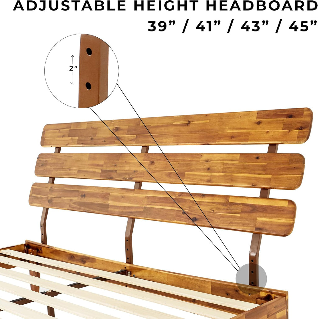 Bme Caden King Size Bed Frame and Adjustable Headboard, 15 Inch Mid Century Retro Style - Solid Acacia Wood - No Box Spring Needed - 12 Strong Wood Slat Support - Easy Assembly - Caramel