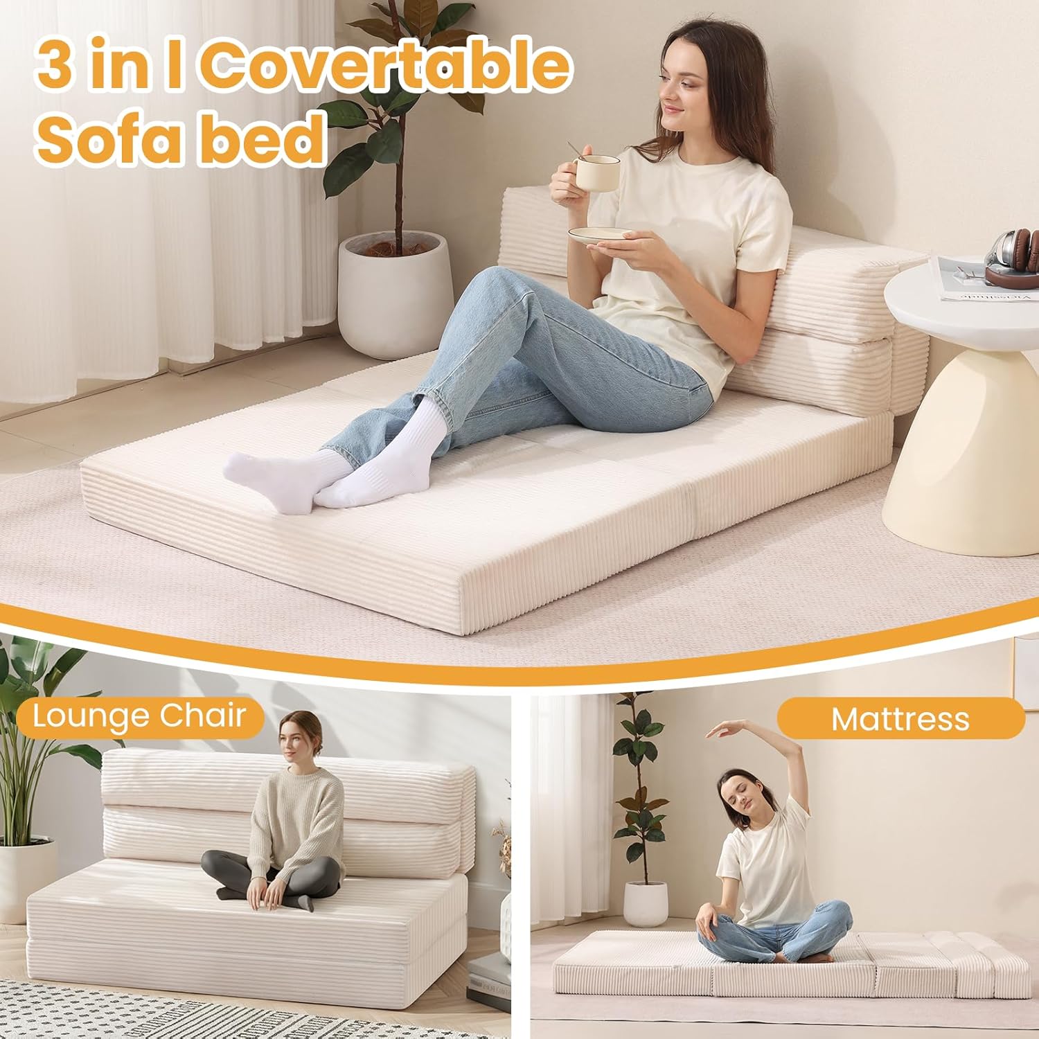 Folding Mattress Full, 3 in 1 Convertible Sofa Bed Foldable Couch Bed Floor Couch Lounge Sleeper Mattress for Living Room, Guest Room