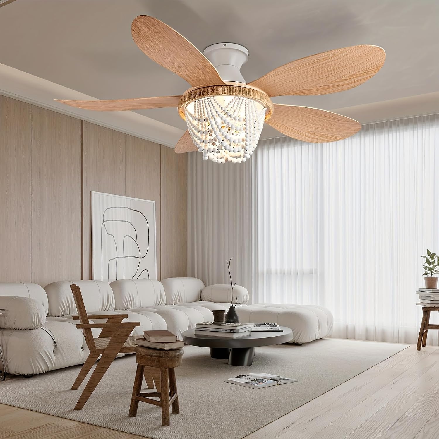 Boho Ceiling Fans with Lights and Remote, Wood Beaded 52 inch Ceiling Fan with Light,6 Speed Reversible Motor LED Flush Mount Ceiling Fans, Ceiling Fan Light for Bedroom Living Room(Wood Blades)