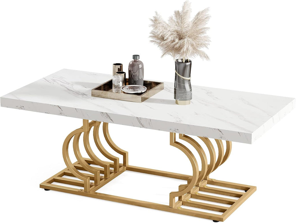 LITTLE TREE 47 Inch Modern Coffee Table, Faux Marble Cocktail Table Center Table Tea Table Accent Furniture for Living Room, White/Gold