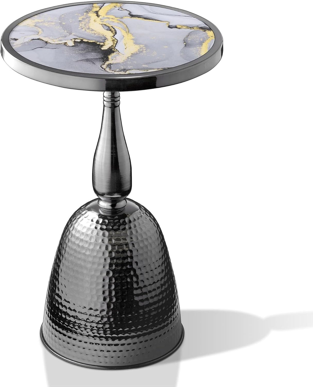 Homes: Inside + Out Halric Modern 24' Tall Round End Table with Decorated Tabletop and Iron Metal Base, Accent Furniture, Elegant Pedestal Stand for Living Room, Home Office, Black with Faux Marble