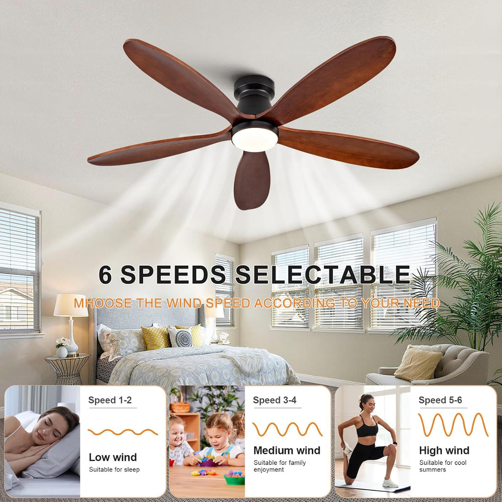 52 Inch Ceiling Fans with Lights and Remote, Low Profile Flush Mount Modern Wood Ceiling Fan with Light, 5 Blades, Dimmable, Wall Switch, Indoor Outdoor Black Ceiling Fan for Bedroom