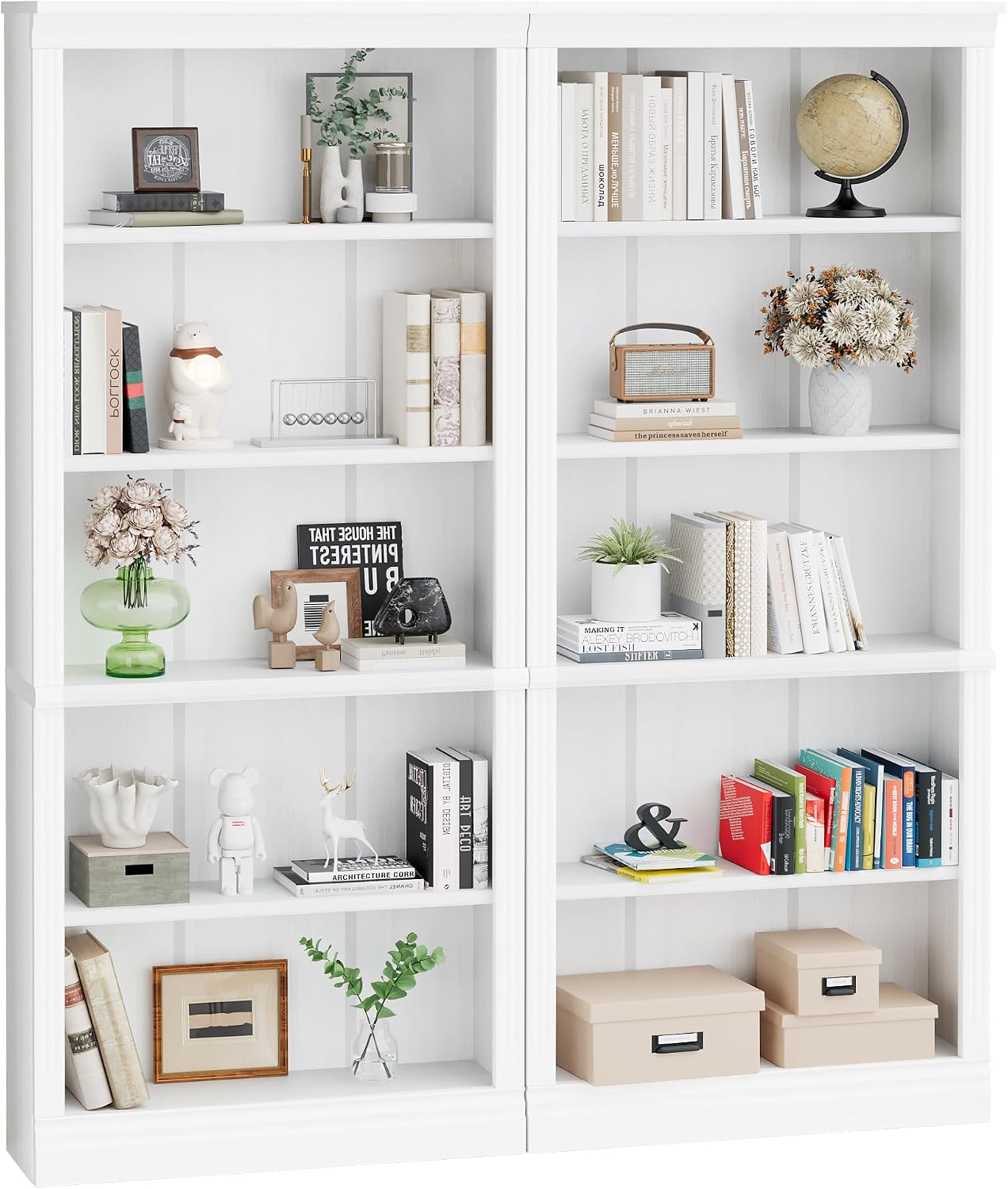 Shahoo 72' Bookcase and Bookshelf, 5-Tier Wood Bookcases with Shelves, Tall Floor Standing Book Shelf Storage Cabinet Home Decor Furniture for Living Room, Home Office 2 Pcs, White