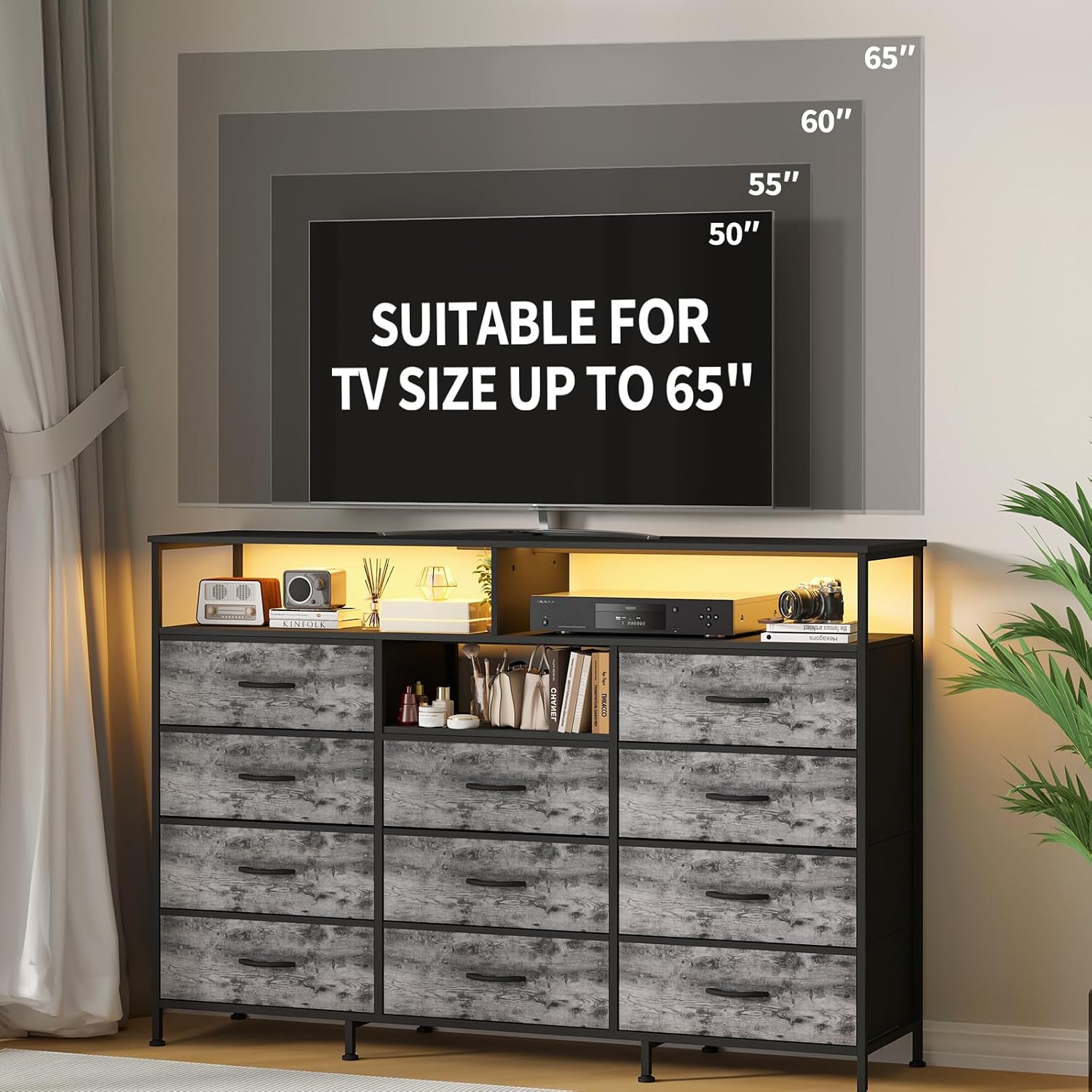 Dresser for Bedroom with LED Lights & Charging Station, 11 Drawer Dressers & Chests of Drawers, Steel Frame, Wood Top, 55 ' Fabric Dresser TV Stand for Bedroom,Hallway, Storage Organization, Entryway