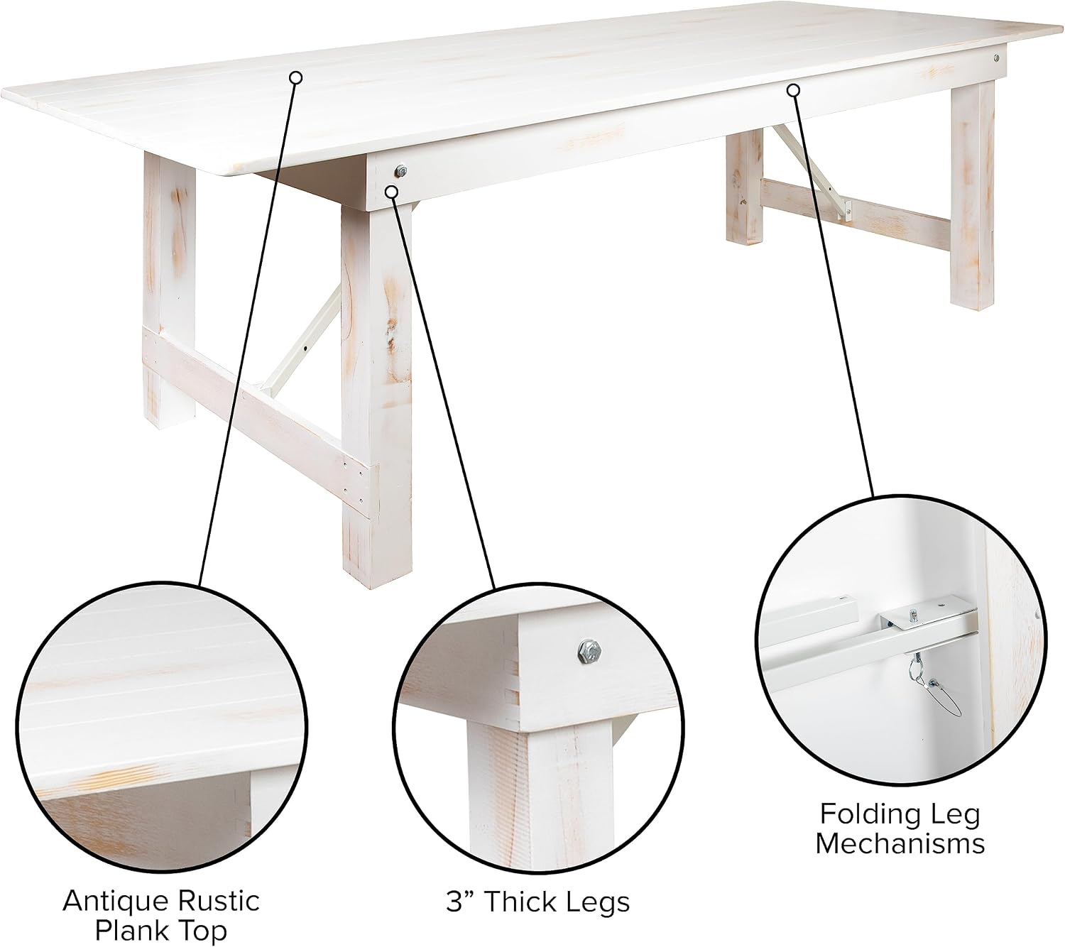 Flash Furniture Hercules Commercial Grade Farmhouse Dining Table | Solid Pine Foldable Table for 10 in Antique Rustic White | Rustic Charm for Home and Events