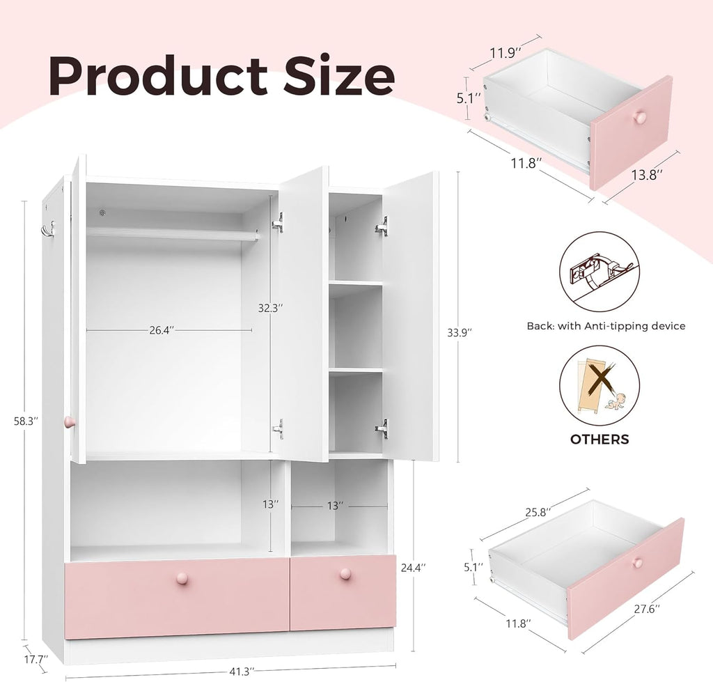 White Armoire Wardrobe Closet with Hanging Rod - Freestanding 3-Door Wooden Wardrobe Cabinet Closet for Bedroom & Dorm, Bedroom Armoires, Features Adjustable Shelves and Drawers for Toys & Clothes