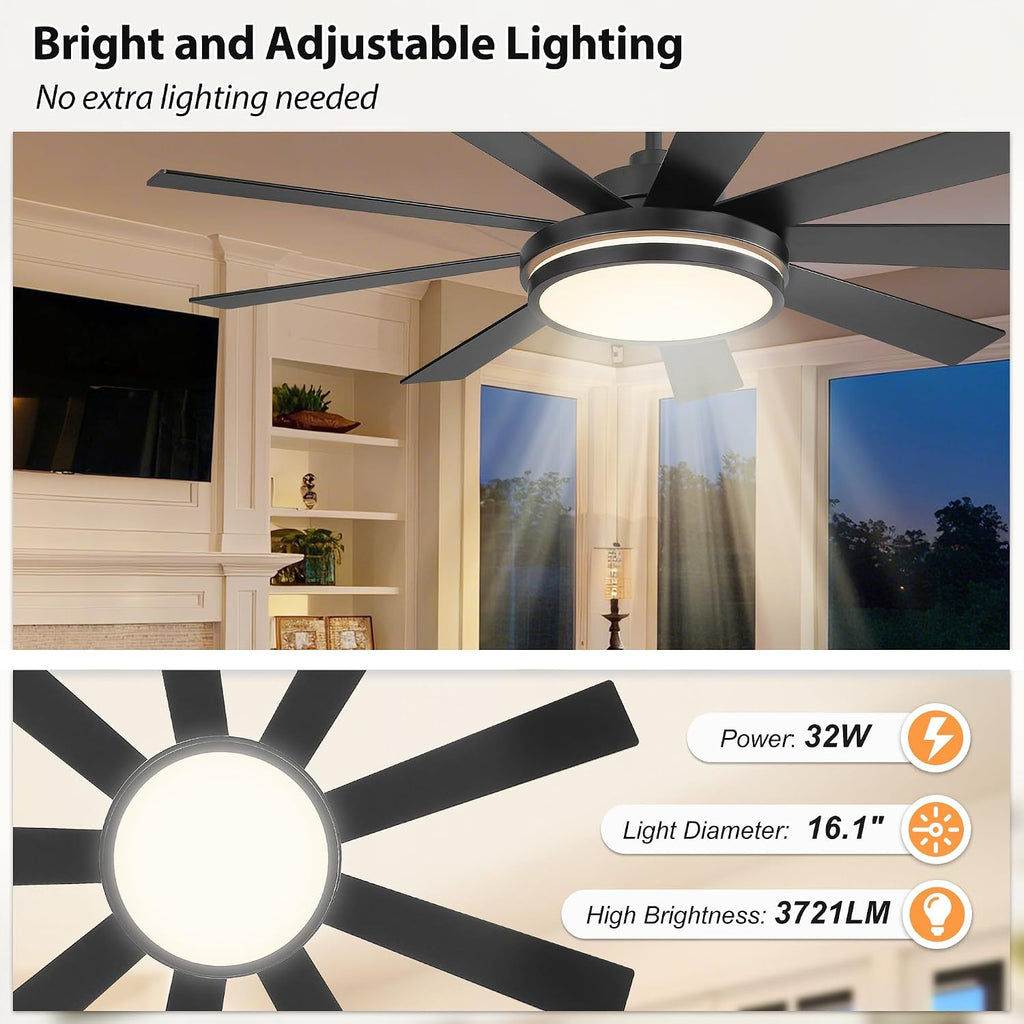 WINGBO 60' Ceiling Fan with Light - Large LED Dimmable Light, 6-Speed Remote Control, Reversible DC Motor, Modern Ceiling Fan 9 Blades for Bedroom, Living Room, Indoor Outdoor Black and Driftwood