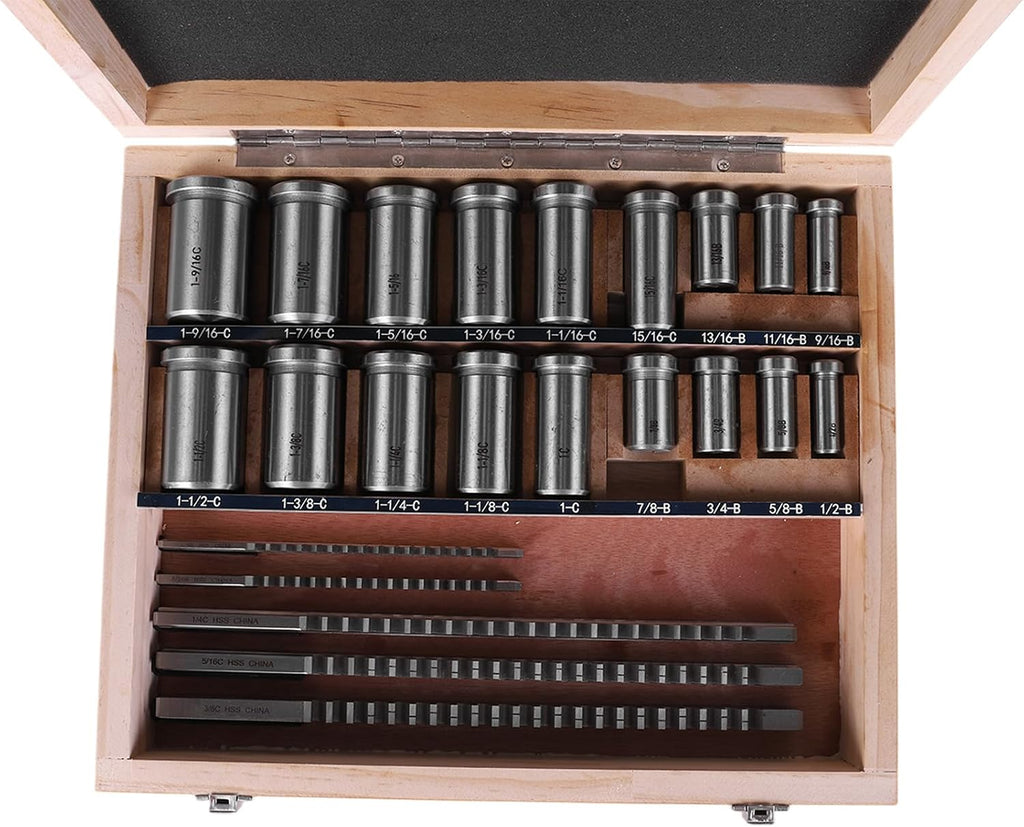 Keyway Broach Kit Broaching Cutter Shim Set with 5 Broaches 18 Bushings and 7 Shims 30pcs for Metalworking and Manufacturing