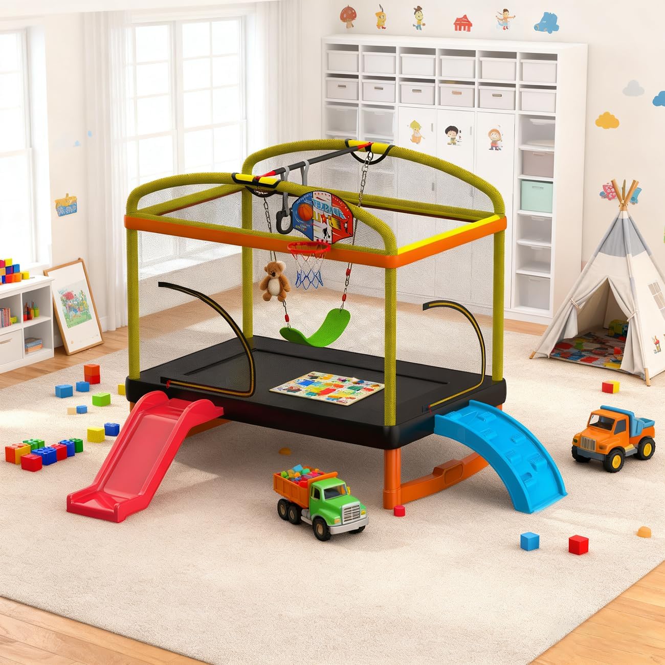 LANGXUN 6.5Ft 7-in-1 Rectangle Trampoline for Kids, with Climb, Slide, Swing, Basketball Hoop, Multi-Functional Indoor Outdoor Baby Toddler Mini Trampoline for Girls and Boys Birthday Gift, Age 1-10