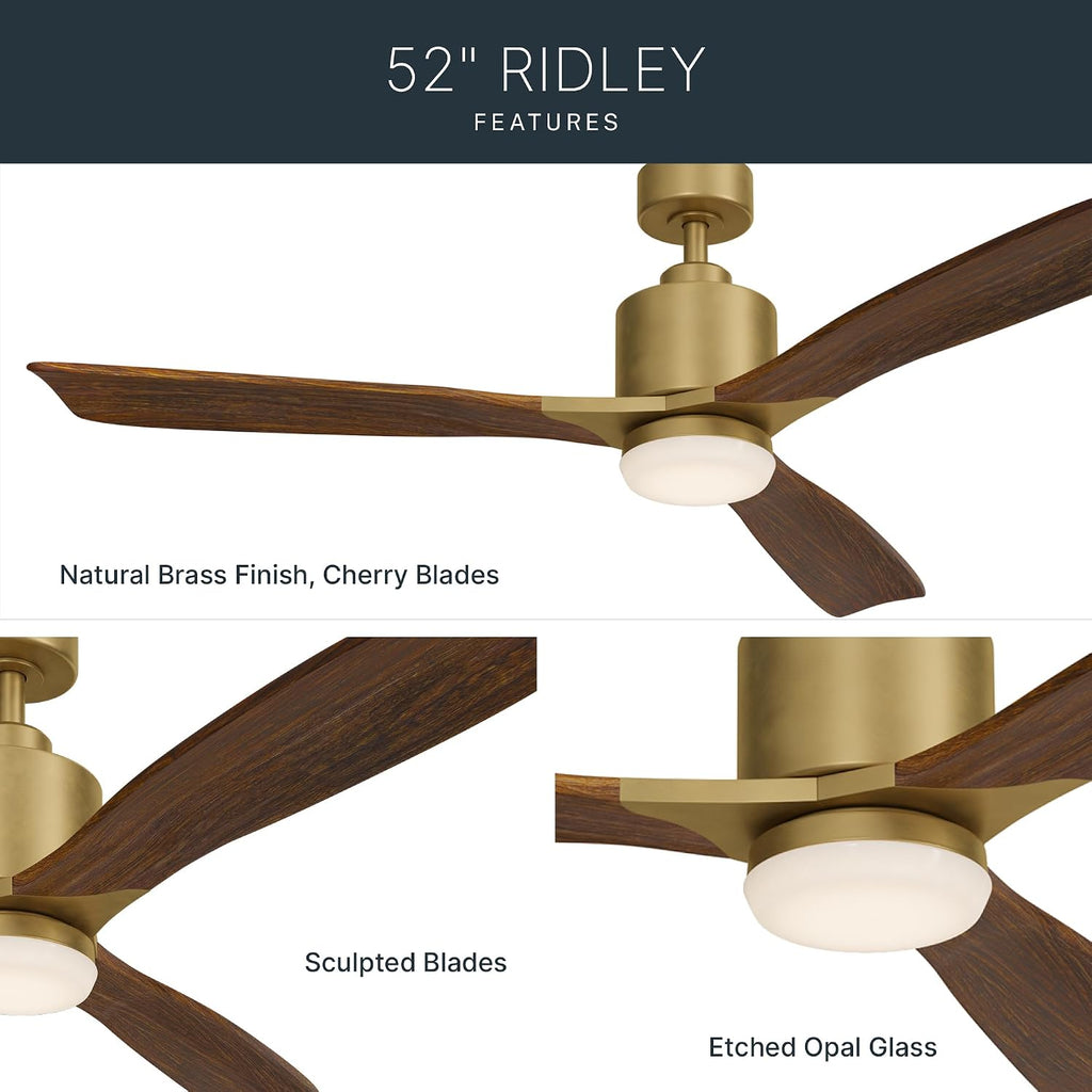 Kichler Ridley II 52' Ceiling Fan and Light Kit in Natural Brass, 3-Blade LED Ceiling Fan in Cherry Finish, 3000K, (52' W x 14.5' H), 300027NBR