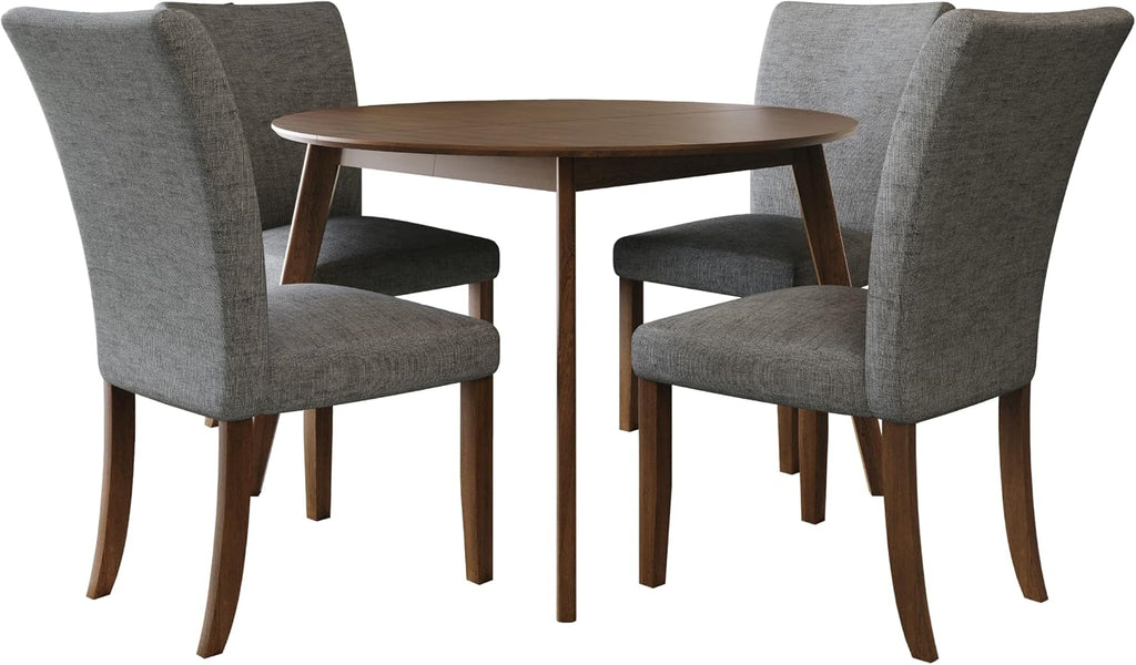 HOME DESIGN Lubec 5-Piece Modern Dining Set – Round Wooden Table & 4 Upholstered Linen Chairs, Curved Backrests, Compact Dining Room Furniture for Kitchen, Apartment, Brown/Gray