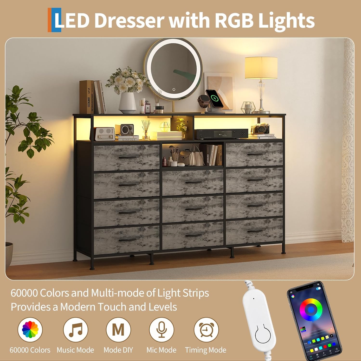 Dresser for Bedroom with LED Lights & Charging Station, 11 Drawer Dressers & Chests of Drawers, Steel Frame, Wood Top, 55 ' Fabric Dresser TV Stand for Bedroom,Hallway, Storage Organization, Entryway