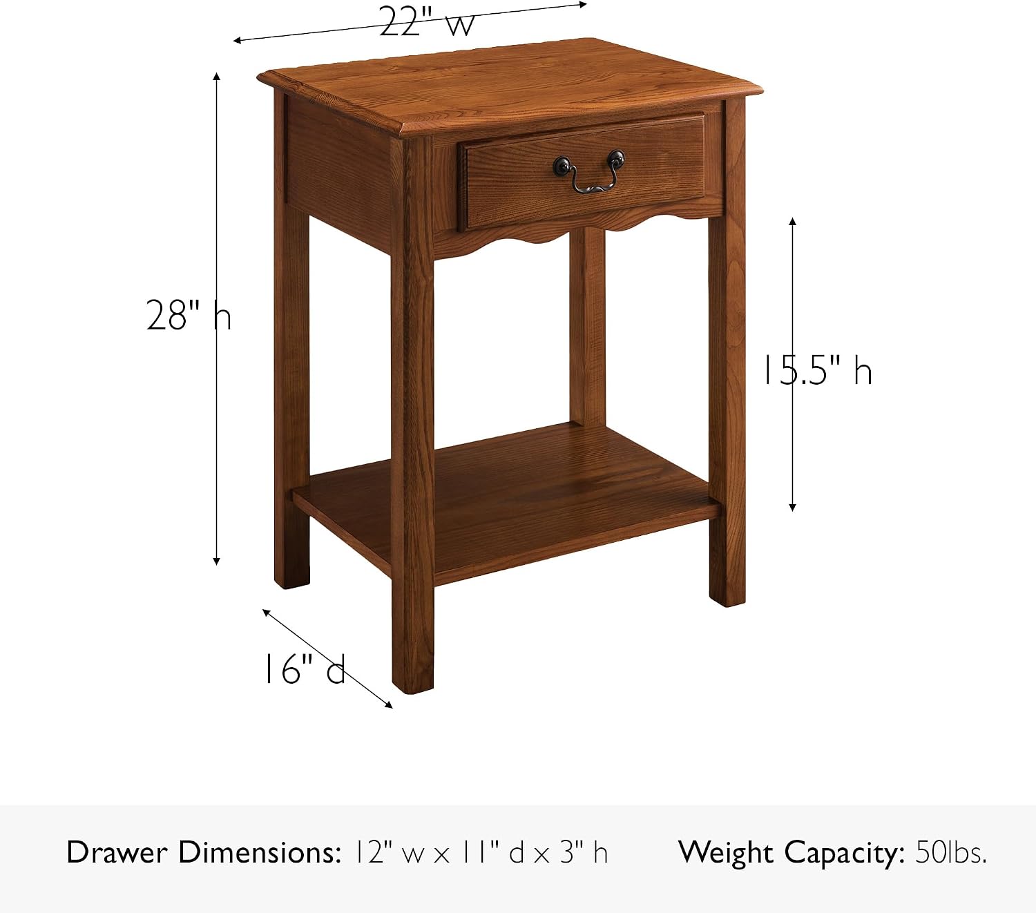 Salem Solid Wood Nightstand with Drawer and Shelf, Medium Oak Brown, Perfect for Bedrooms, Living Rooms, and Small Spaces – Leick Home, 9067-MED