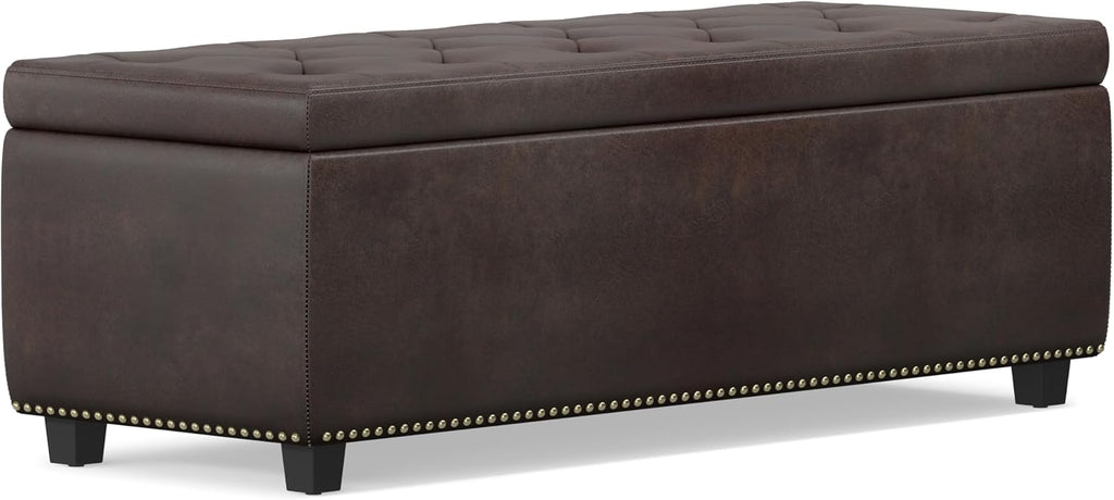 SIMPLIHOME Hamilton Storage Ottoman - 48 inch Wide Upholstered Vegan Leather Rectangle Storage Ottoman Bench in Distressed Brown, Traditional Tufted Ottoman for Living Room with Lift-Up Lid