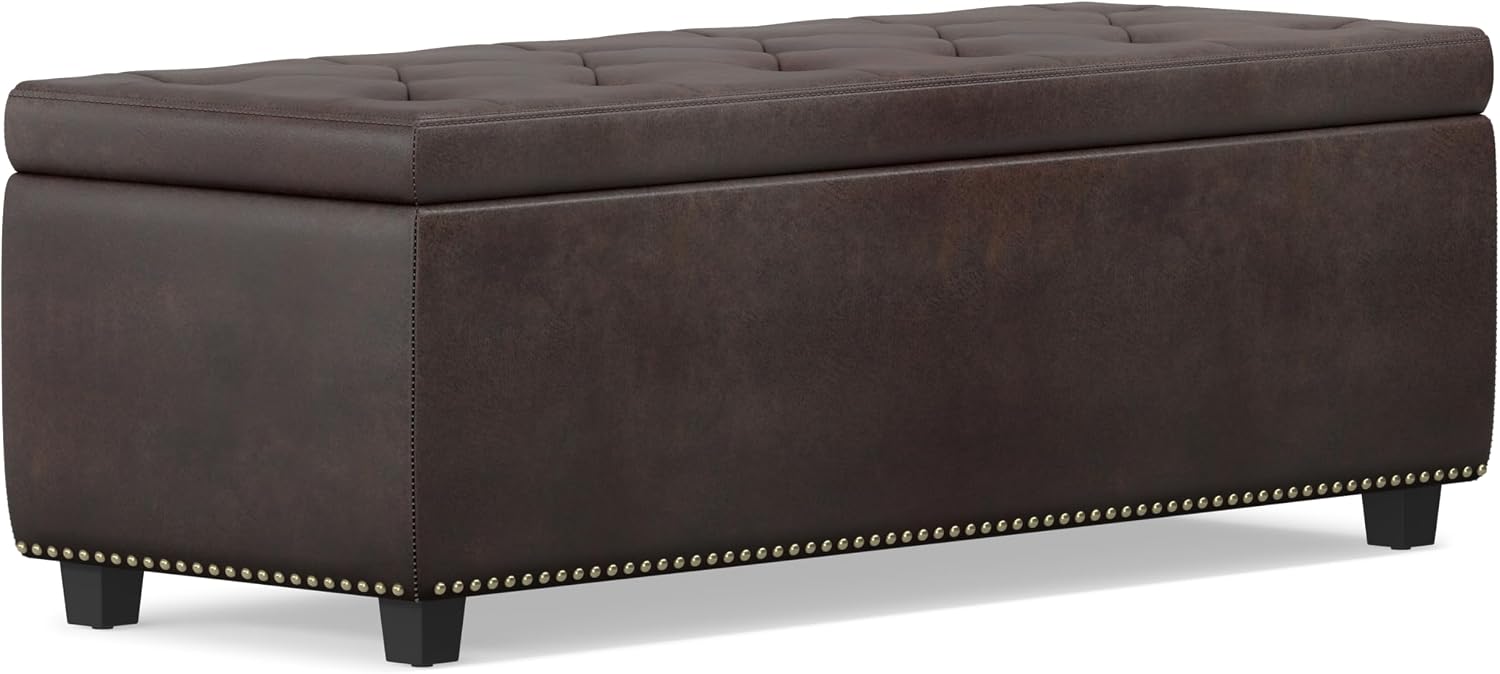 SIMPLIHOME Hamilton Storage Ottoman - 48 inch Wide Upholstered Vegan Leather Rectangle Storage Ottoman Bench in Distressed Brown, Traditional Tufted Ottoman for Living Room with Lift-Up Lid