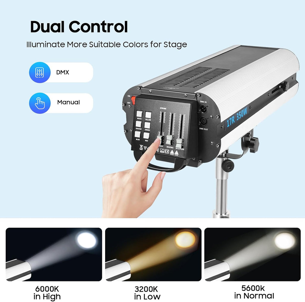 350W Stage Spotlight with Tripod, Stage Lighting with DMX & Manual Control 6 Colors 3 Color Temperatures 5600K 6000K 3200K, Follow Spot Light for Wedding DJ Party Theater Concert