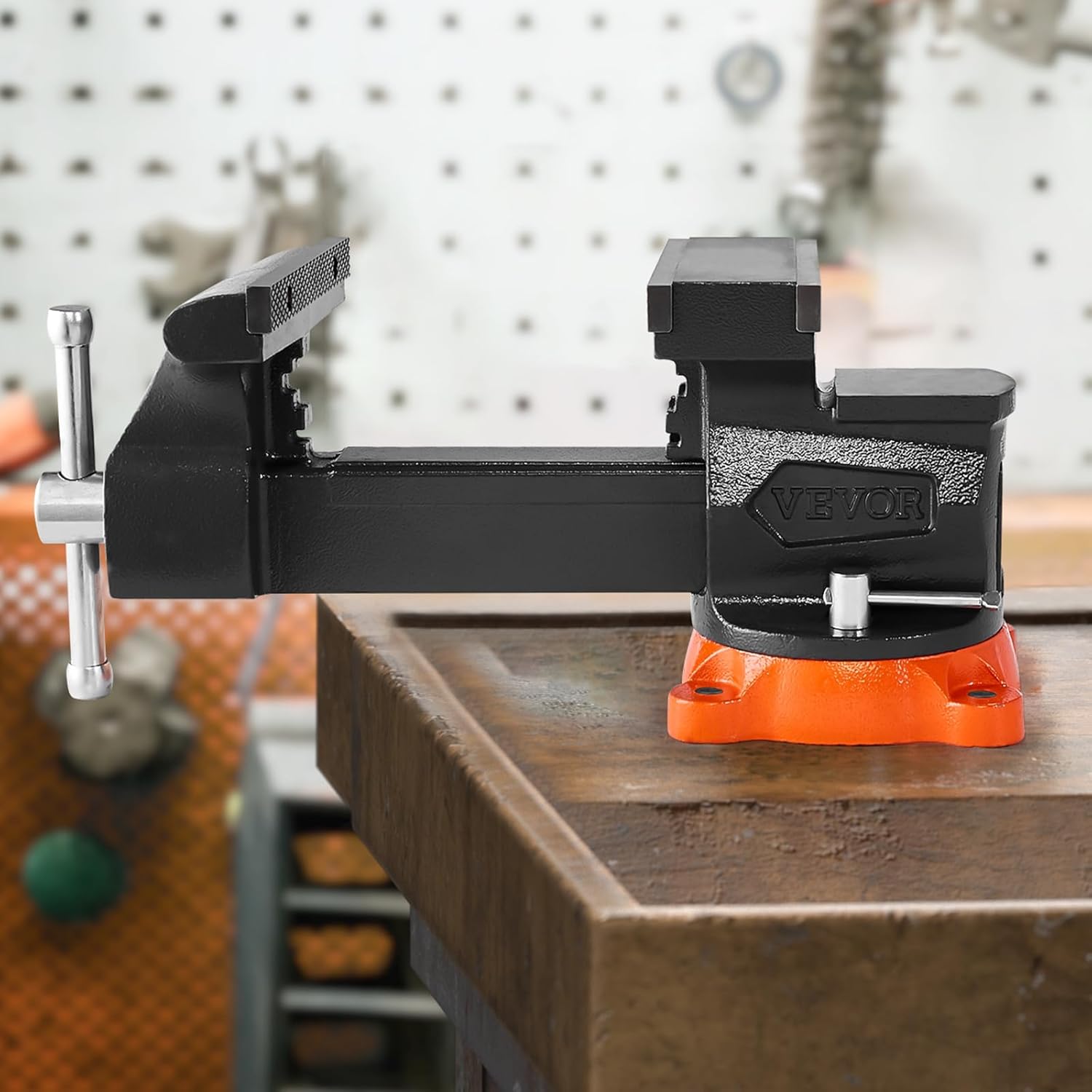 VEVOR Bench Vise, 8' Jaw Width, 8' Max Jaw Opening Multipurpose Vise with 360° Swivel Locking Base, 3.7' Throat Depth, Heavy Duty Ductile Iron Workbench Vise, Two-Way Jaws for Clamping Round Pipes