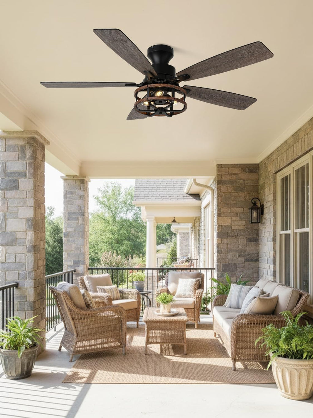 52 Inch Flush Mount Farmhouse Ceiling Fan with Light Rustic Caged Low Profile Ceiling Fan for Living Room Bedroom Patio
