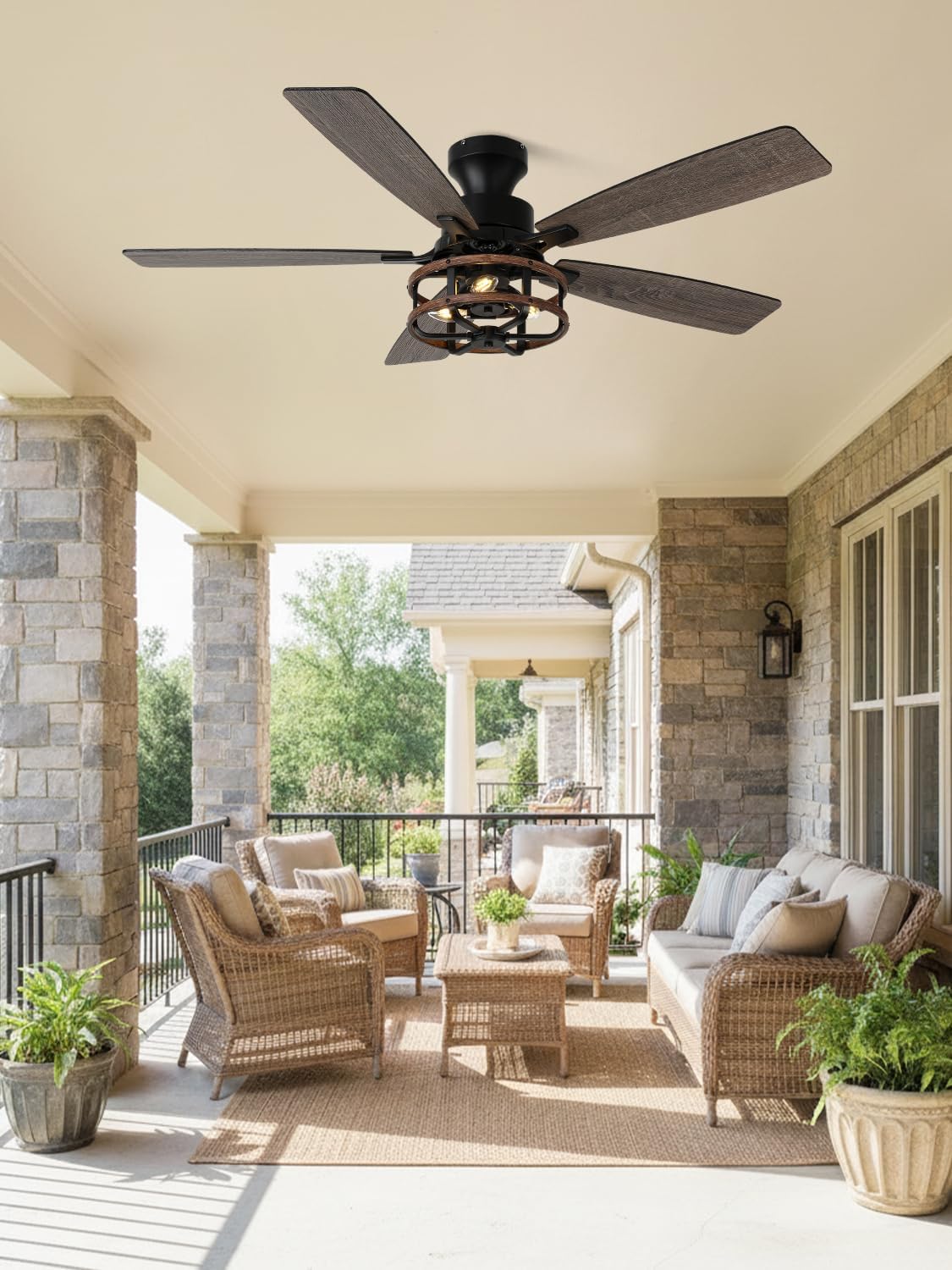 52 Inch Flush Mount Farmhouse Ceiling Fan with Light Rustic Caged Low Profile Ceiling Fan for Living Room Bedroom Patio