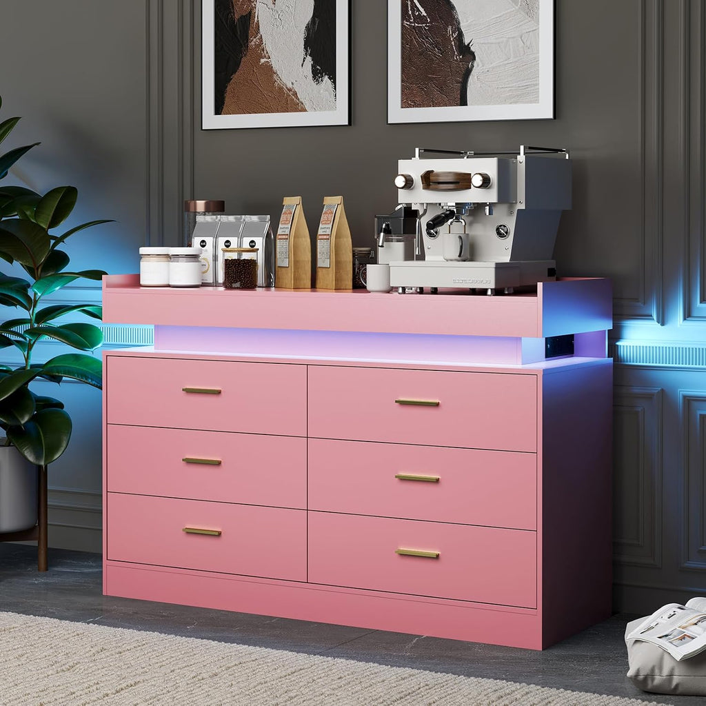 TV Stand Cabinet with LED Lights & Charging Station, Coffee Bar Cabinet Floating Countertop, Modern Sideboard Buffet 6 Drawers for Home, Living Room, Pink
