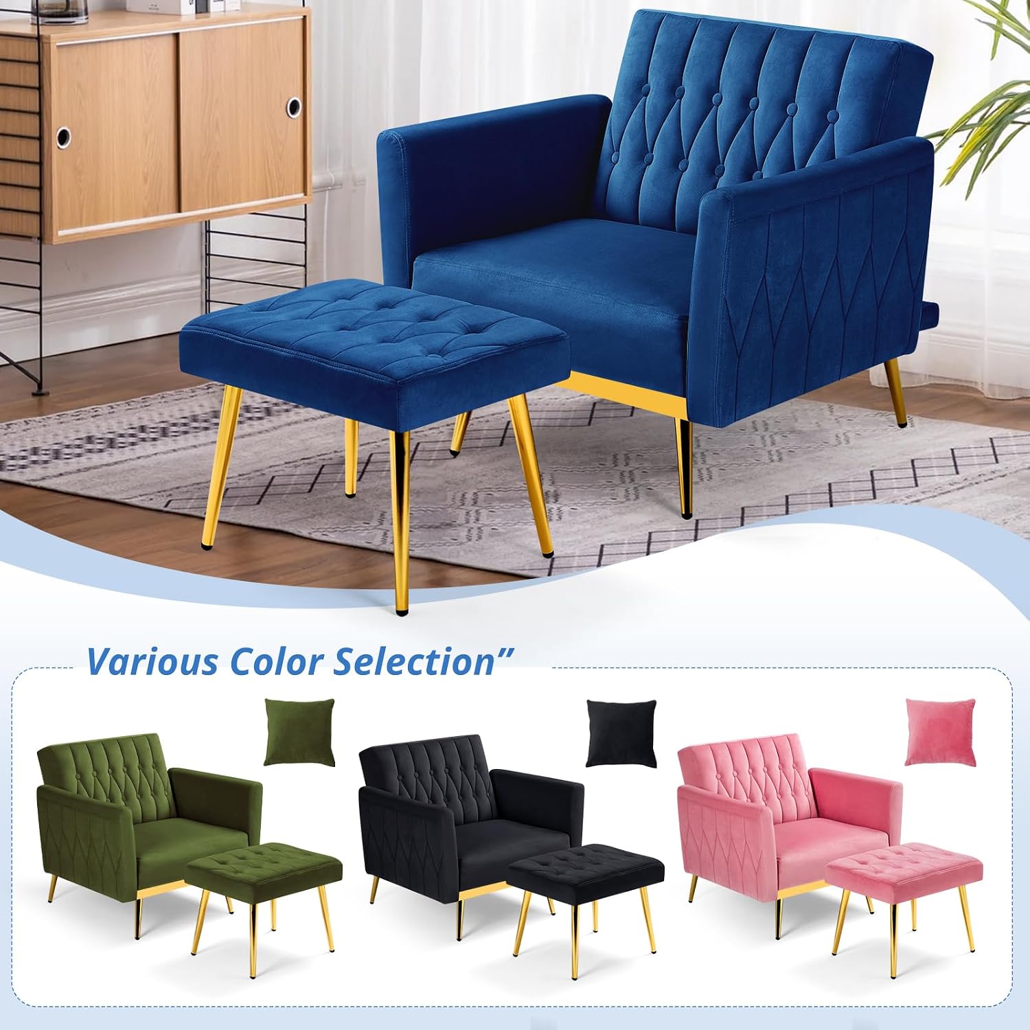 Velvet Accent Chair with Adjustable Armrests and Backrest, Button Tufted Lounge Chair, Single Recliner Armchair with Ottoman and Pillow for Living Room, Bedroom, Blue