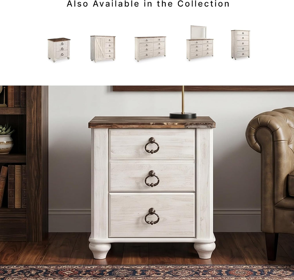 Signature Design by Ashley Willowton Farmhouse 2 Drawer Nightstand with USB Charging Ports, 25.67' Tall, Whitewash
