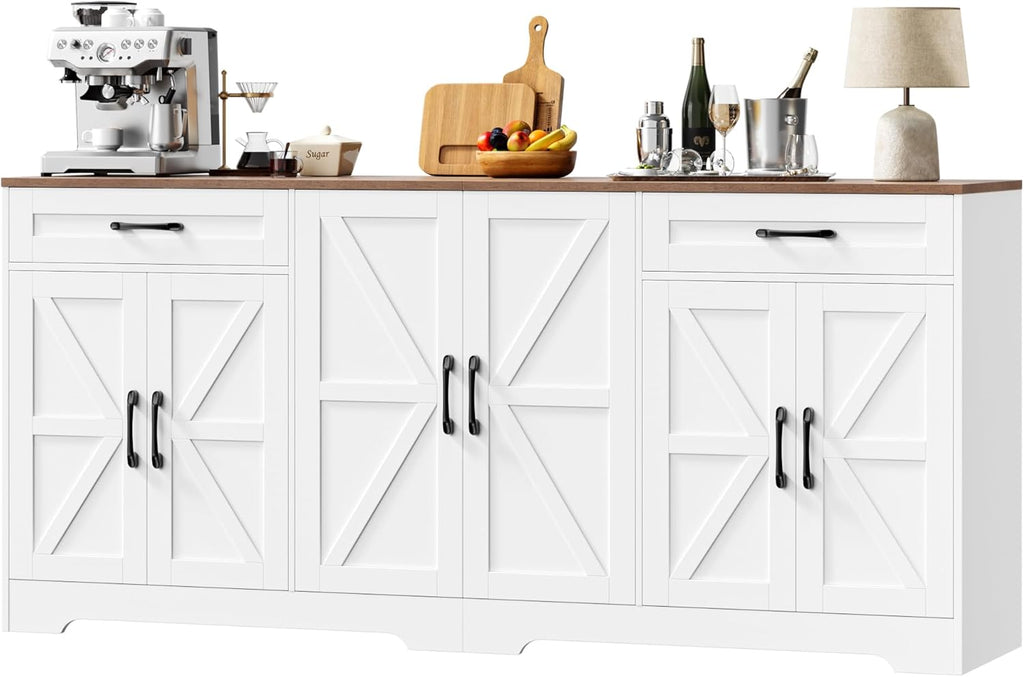 BOTLOG 71' Large Sideboard Buffet Cabinet with Storage, Farmhouse Kitchen Buffet Cabinet with Adjustable Shelves and 6 Barn Doors, Wood Coffee Wine Bar Console Table for Kitchen, Dining Room, White