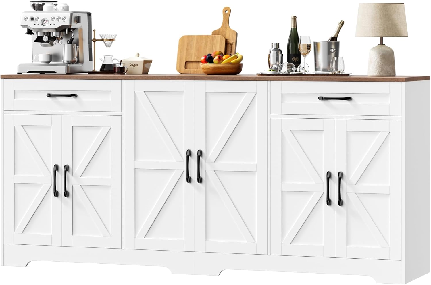 BOTLOG 71' Large Sideboard Buffet Cabinet with Storage, Farmhouse Kitchen Buffet Cabinet with Adjustable Shelves and 6 Barn Doors, Wood Coffee Wine Bar Console Table for Kitchen, Dining Room, White