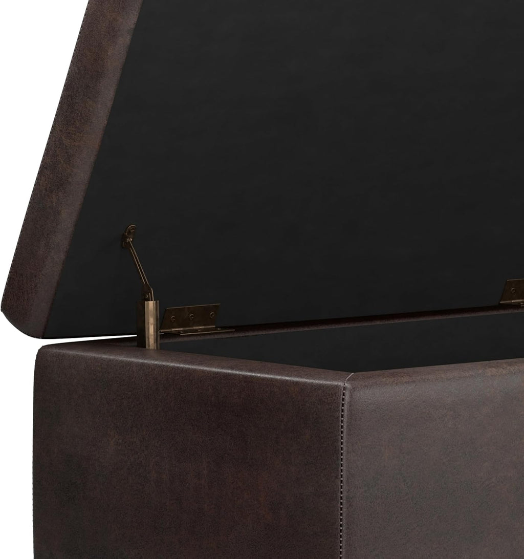 SIMPLIHOME Hamilton Storage Ottoman - 48 inch Wide Upholstered Vegan Leather Rectangle Storage Ottoman Bench in Distressed Brown, Traditional Tufted Ottoman for Living Room with Lift-Up Lid