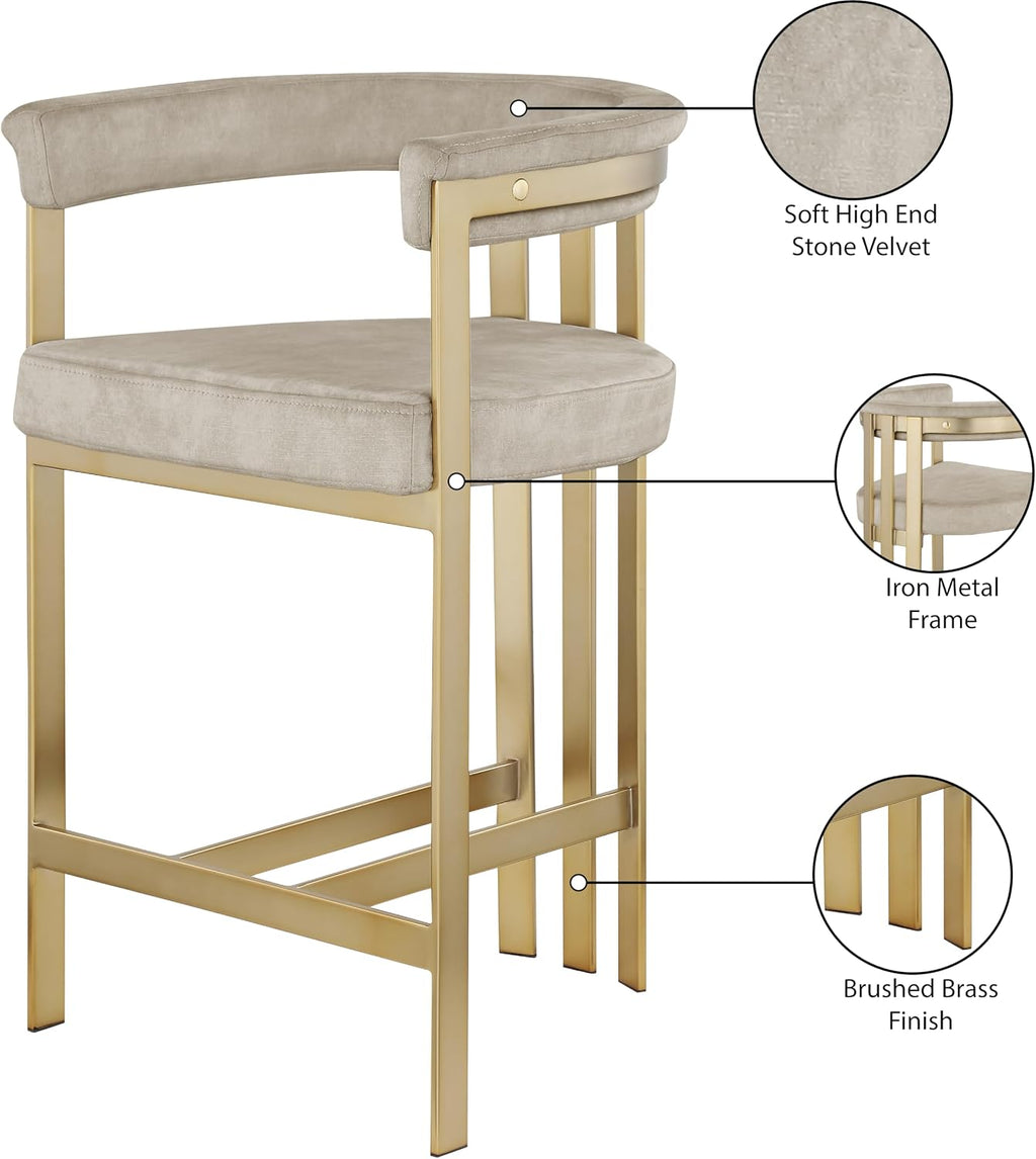 Meridian Furniture 596Stone-C Marcello Collection Modern | Contemporary Velvet Upholstered Counter Height Stool with Brushed Brass Iron Frame, 22.5' W x 20' D x 35.5' H, Stone, Set of 2