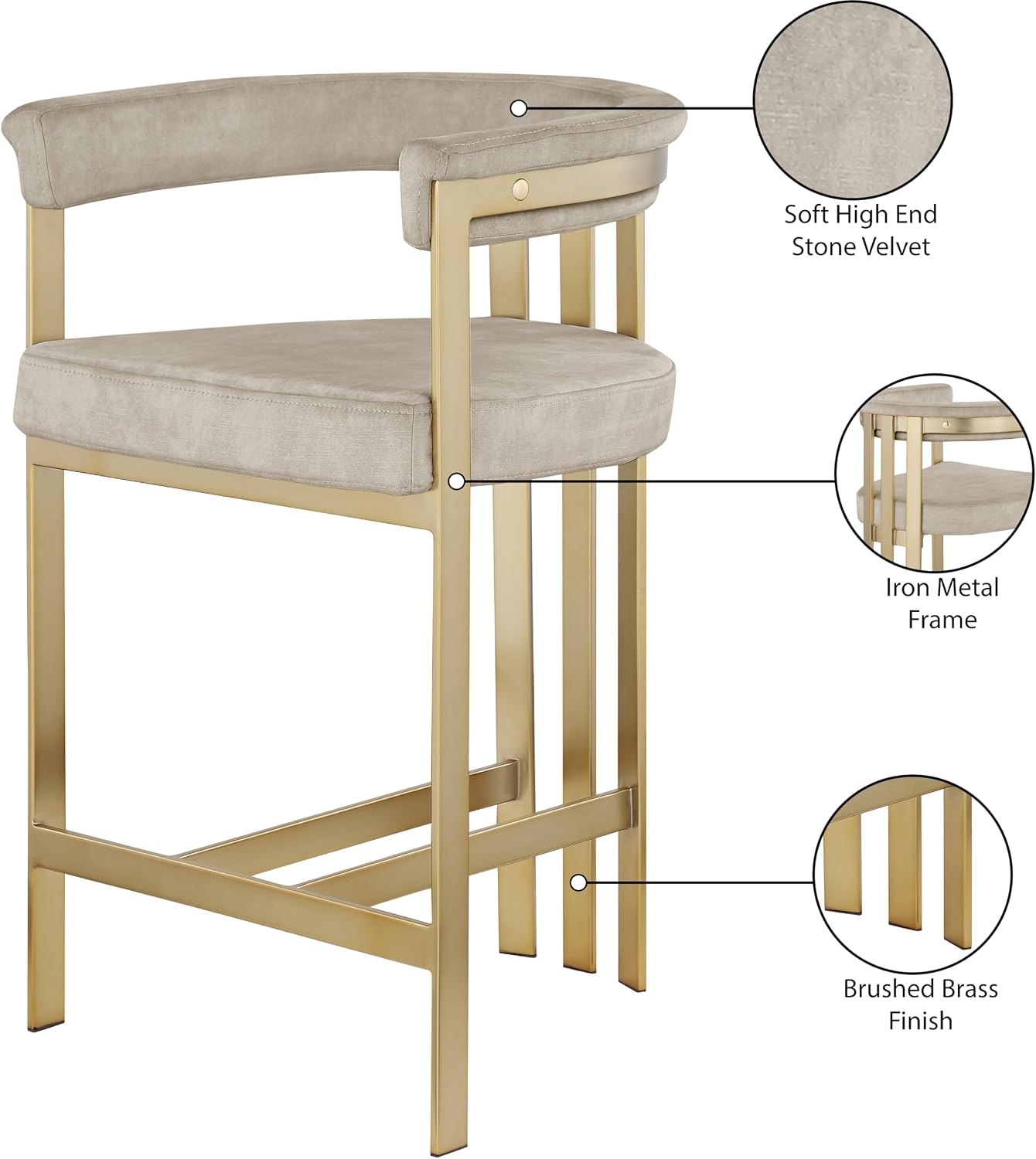 Meridian Furniture 596Stone-C Marcello Collection Modern | Contemporary Velvet Upholstered Counter Height Stool with Brushed Brass Iron Frame, 22.5' W x 20' D x 35.5' H, Stone, Set of 2