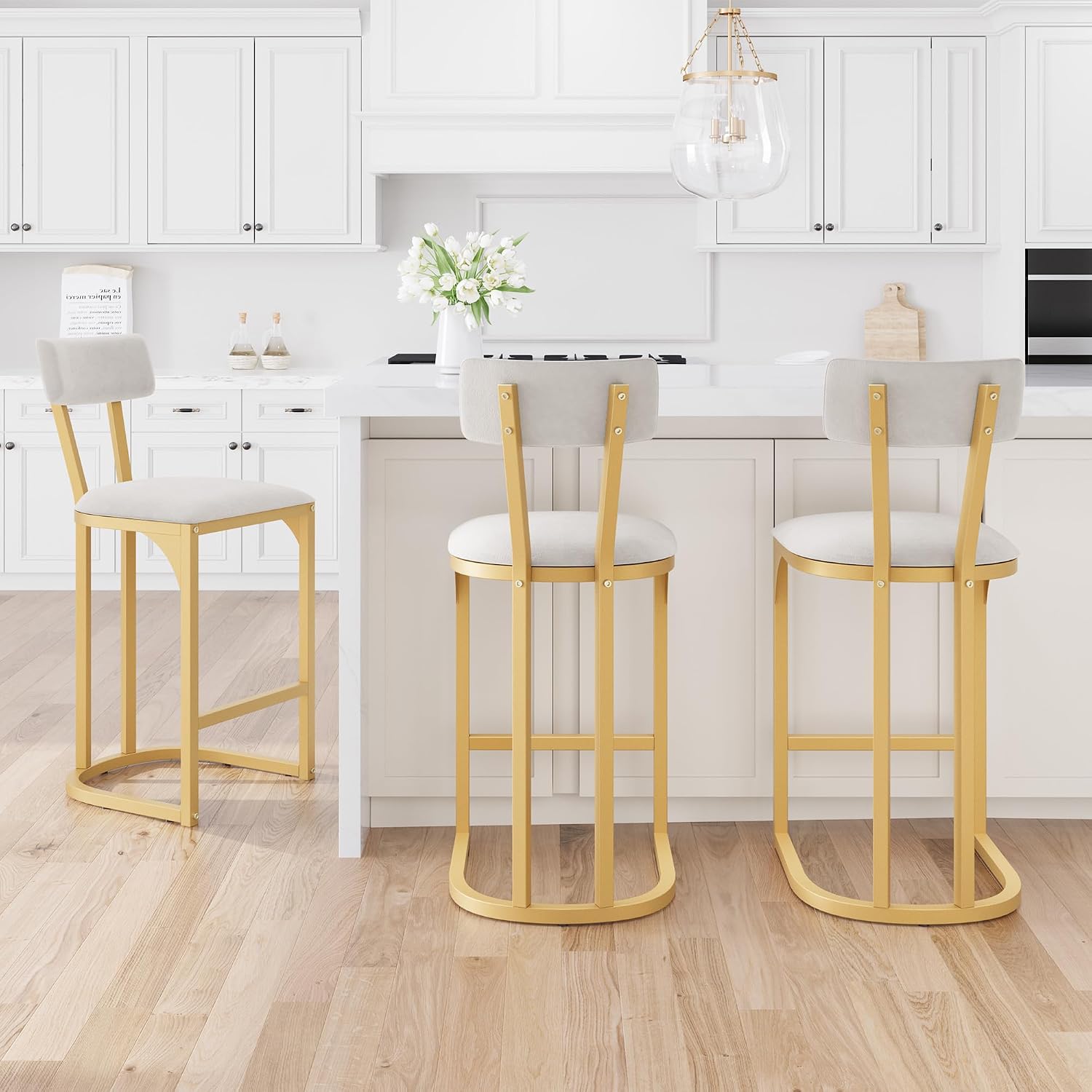 Garvee Bar Stools Set of 4, Counter Height Bar Stools for Kitchen Counter, Island Chairs for Dining Table, Modern Tall Barstools with Back, Metal Counter Stools with Upholstered for Kitchen (Gold)