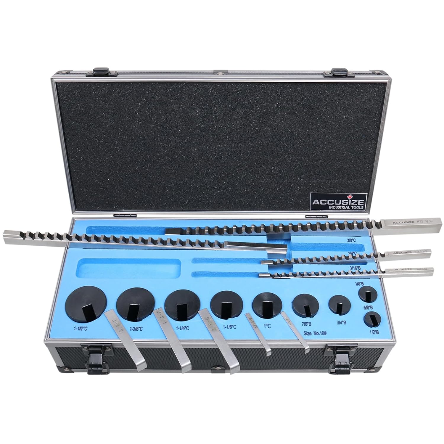 Accusize Industrial Tools - No.10 HSS Keyway Broach Set, 18 Pcs with Precision Ground Teeth, Includes 4 Broaches & 9 Bushings, 5100-0010 | Cuts 18 Keyways, B-1/8, 3/16, C-1/4, 3/8 in, Precision Ground HSS, Fitted Case, 5100-0010