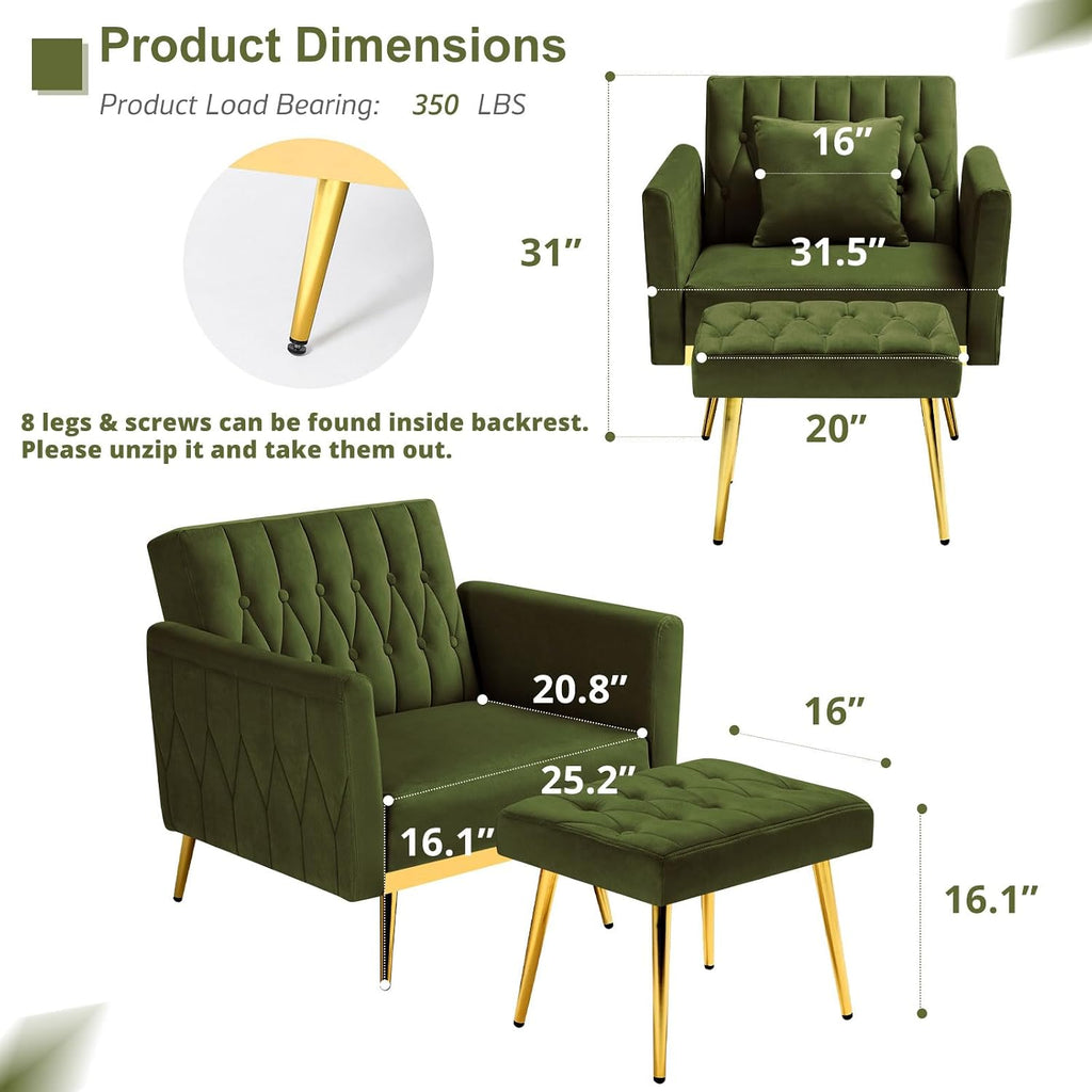 Velvet Accent Chair w/Adjustable Armrests and Backrest, Button Tufted Lounge Chair, Single Recliner Armchair with Ottoman and a Pillow for Living Room, Bedroom,Olive Green