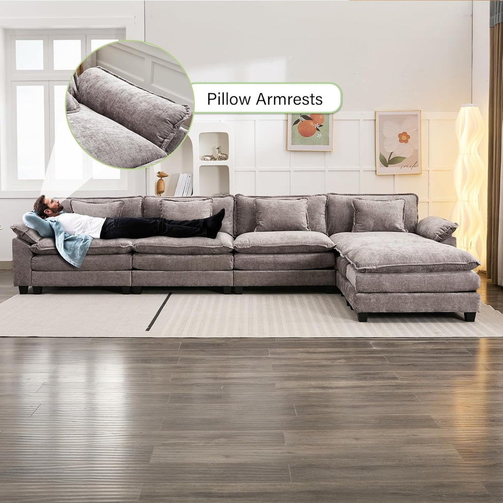Oprisen 154' Modular Sectional Sofa, Comfy Cloud Couch Sectional Sofa with Ottoman, Chenille Sofa Sleeper Deep Seat Sofa with Throw Pillows for Living Room (Light Gray, 154'- U Shape)