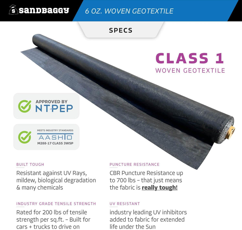 Sandbaggy 6 oz Heavy Duty Woven Geotextile Landscape Fabric (6 ft Wide) | 50 Year Fabric | 2X Thicker | Soil Stabilization & Separation | Roads, Driveways, Retaining Walls (1, 6 ft x 100 ft)
