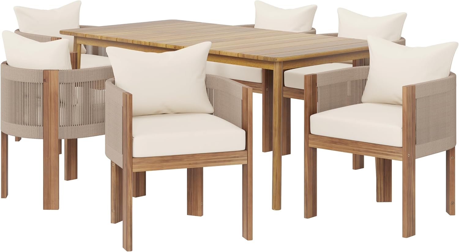 Christopher Knight Home Kclent Patio Acacia Wood Dining Set for 6 People, Outdoor Table & Chairs with Curved Rope Arm, Removable Cushions, 7 Piece Patio Dinner Set for Backyard Deck, Teak+ Beige